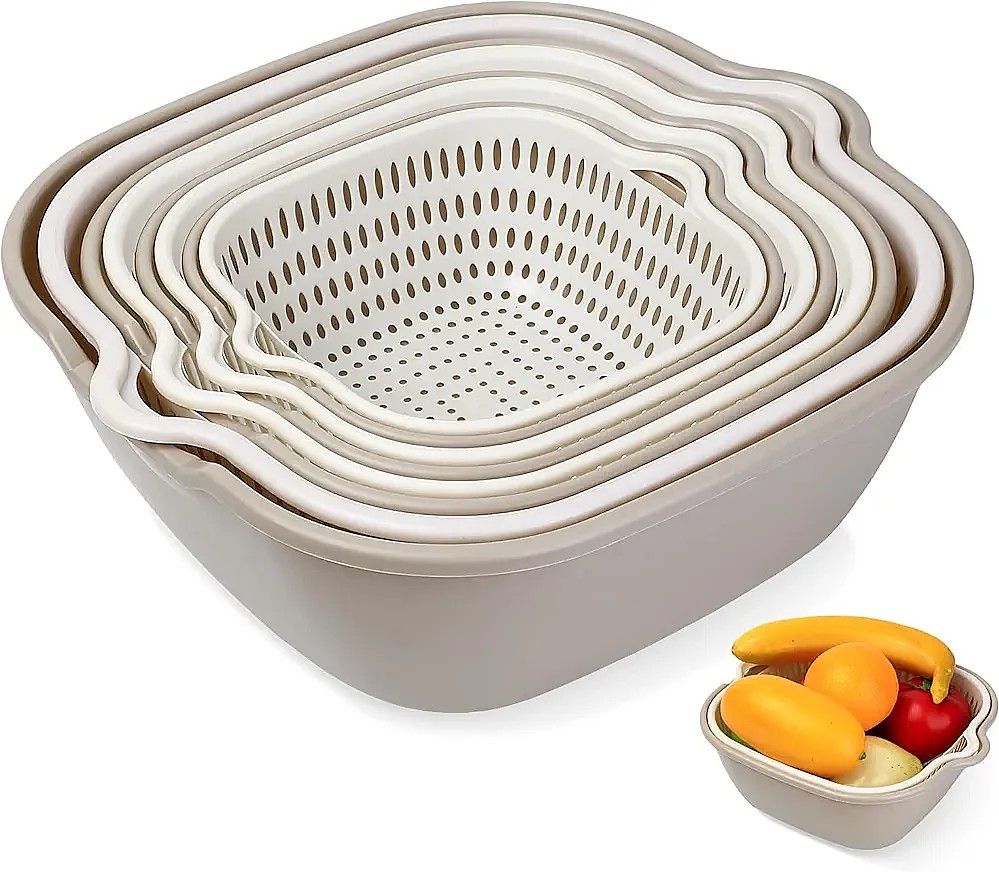 Multi-Size Double Drainage Basket Set of 8 (Category: Storage Boxes & Baskets) located in Quezon City. Submitted by ana-chan (Listing ID 1430254460, Image 1). Description: Set includes multiple sizes of drainage baskets, perfect for washing, draining, and storing fruits and vegetables. The set features a double-layer design with a separate drainage basket and a solid outer basin. Sizes include extra large, large, medium, and trumpet. The baskets 
