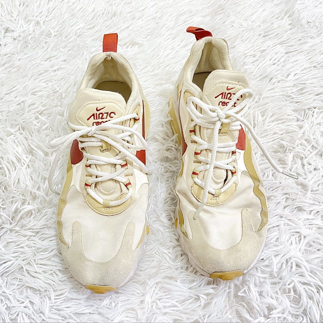 Nike Air Max 270 React Sneakers 'Equestrian' Beige Red (Category: Sneakers) located in Pasig City. Submitted by sdrosa (Listing ID 1430274484, Image 2). Description: Nike Air Max 270 React 'Equestrian' sneakers. - Size: EUR: 38.5 | 24.5cm - Beige and red color scheme. - Very comfy - In Good Condition✅ Disclaimer: ✅All items are thrifted so please manage your expectations. ✅ Color may vary due to lighting ✅ No return, no exchange ✅ Authenticity is
