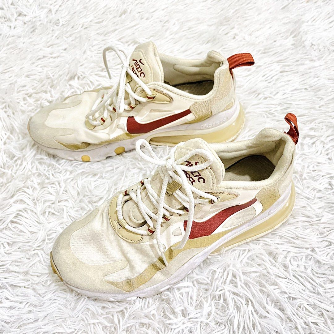 Nike Air Max 270 React Sneakers 'Equestrian' Beige Red (Category: Sneakers) located in Pasig City. Submitted by sdrosa (Listing ID 1430274484, Image 3). Description: Nike Air Max 270 React 'Equestrian' sneakers. - Size: EUR: 38.5 | 24.5cm - Beige and red color scheme. - Very comfy - In Good Condition✅ Disclaimer: ✅All items are thrifted so please manage your expectations. ✅ Color may vary due to lighting ✅ No return, no exchange ✅ Authenticity is