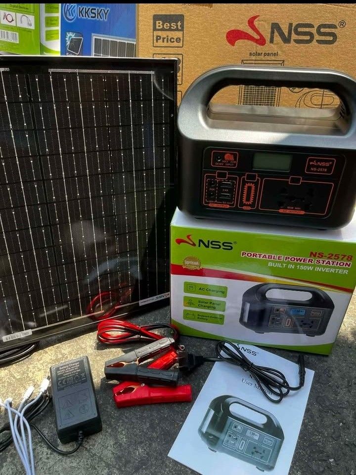 NSS NS-2578 Portable Power Station (Category: Electrical, Adaptors & Sockets) located in Manila. Submitted by emil_online_shop (Listing ID 1430345396, Image 1). Description: NSS NS-2578 portable power station features a built-in 150W inverter. It has AC and DC outputs, including USB ports. The device is compatible with various electronics like cameras, phones, and laptops. It comes with a solar panel, charging cables, and crocodile clips. It also