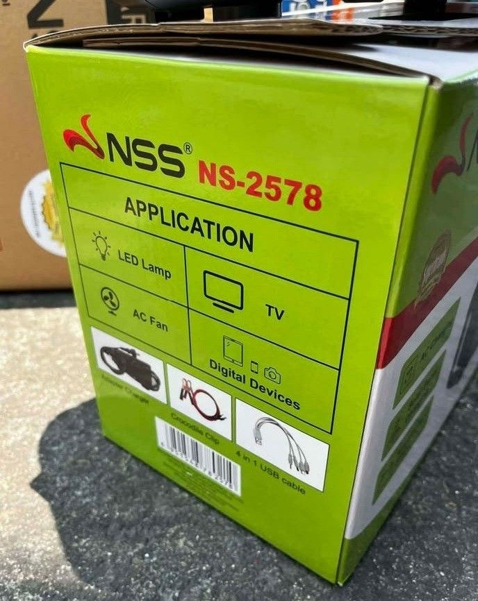 NSS NS-2578 Portable Power Station with Solar Panel (Category: Electrical, Adaptors & Sockets) located in Manila. Submitted by nikkoshop (Listing ID 1430345997, Image 3). Description: NSS NS-2578 Portable Power Station with built-in 150W inverter. Features 1 AC output, 2 USB outputs, and 2 DC bulb jacks. Includes a 12V/12AH lead-acid battery. Can charge via AC in 8 hours and solar in 15 hours. Supports LED lights, fans, TVs, and computers. Includ