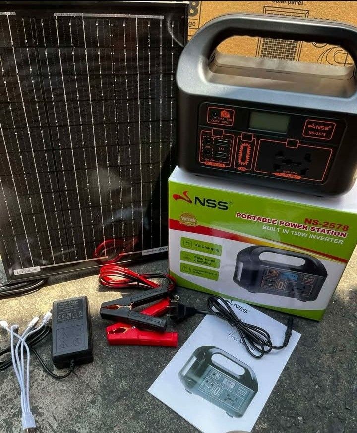 NSS NS-2578 Portable Power Station with Solar Panel (Category: Electrical, Adaptors & Sockets) located in Manila. Submitted by nikkoshop (Listing ID 1430345997, Image 1). Description: NSS NS-2578 Portable Power Station with built-in 150W inverter. Features 1 AC output, 2 USB outputs, and 2 DC bulb jacks. Includes a 12V/12AH lead-acid battery. Can charge via AC in 8 hours and solar in 15 hours. Supports LED lights, fans, TVs, and computers. Includ