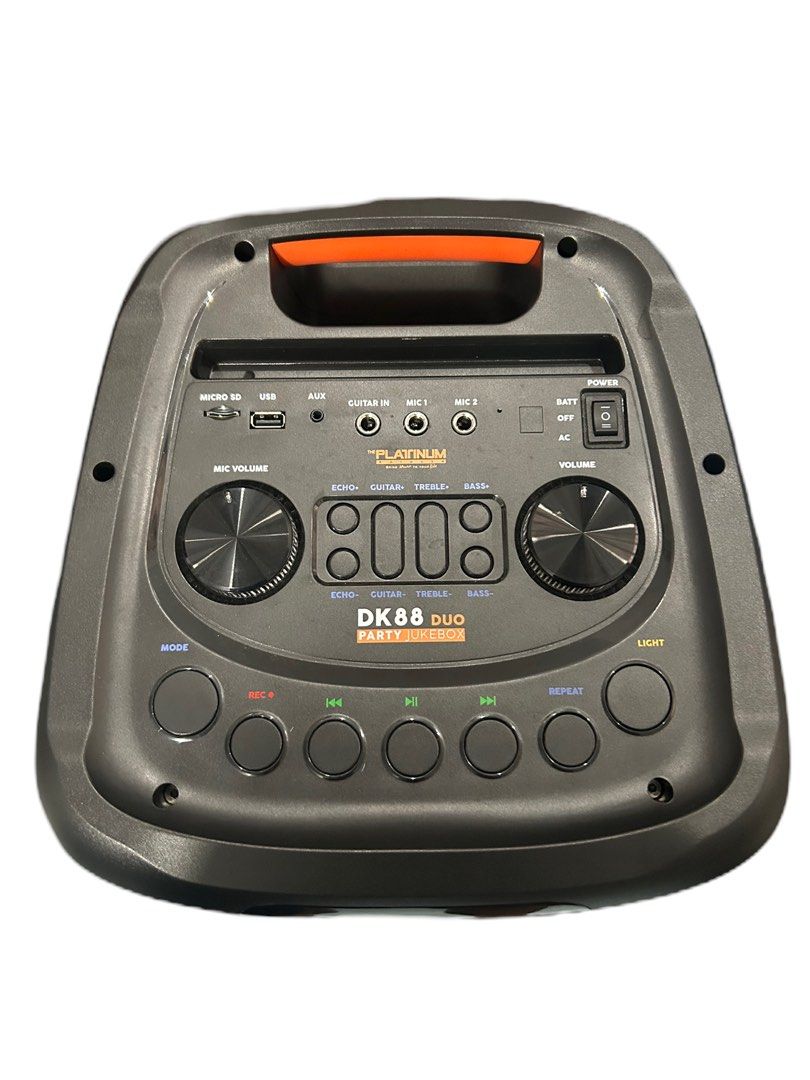 Platinum DK88 Duo Party Jukebox Speaker (Category: Soundbars, Speakers & Amplifiers) located in Manila. Submitted by cosmicstar.04bf47 (Listing ID 1430336921, Image 2). Description: Decluttering (Pre-loved) Platinum Portable Karaoke (Complete w/ box) Bought Brand new last year worth 15k Condition: 9.5/10 Seldom used RFS: will replace to smaller one Payment: via Gcash / Bank Transfer Delivery (Metro Manila/NCR): via Lalamove / Grab Shipping: via J