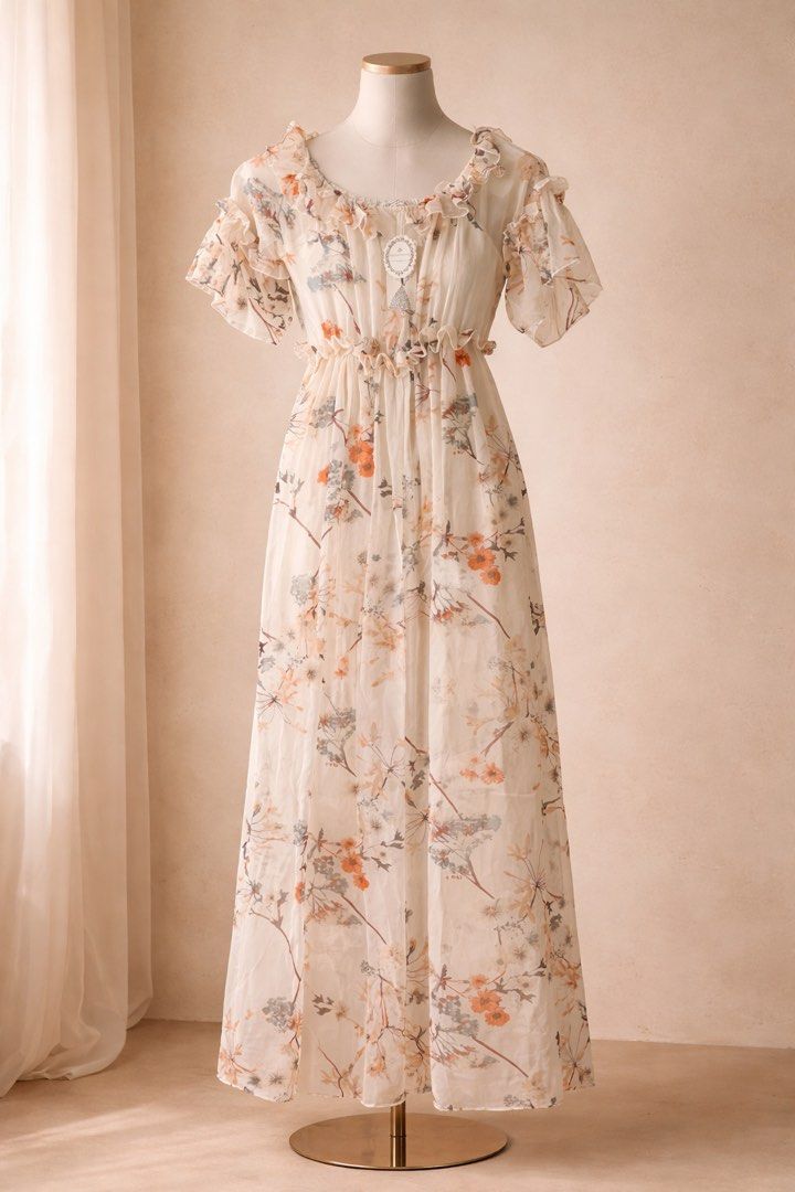 Summer Floral Flowy Maxi Dress (Category: Dresses) located in Quezon City. Submitted by leisprelovedph (Listing ID 1430234742, Image 1). Description: Floral Maxi Dress 🌸 • Light, flowy chiffon fabric with soft floral print • Off-shoulder style with ruffle details + elastic waist • Very flattering and airy—perfect for dates, brunch, beach or garden events •Bought from Dubai Global City pop up store for 250 AED, Russian Brand: принцесса (Princess)
