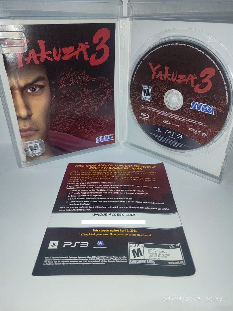 PS3 - Yakuza 3 (PRELOVED) "R1" (Category: PlayStation) located in Mendez-Nunez. Submitted by sf2_gameshop (Listing ID 1430234092, Image 3). Description: PLEASE READ CONDITION: a pre-loved item. Installed and tested working. It comes with a game manual and insert. The game was designed in Japanese voice, other than that, everything is English. Voucher code is untested if still valid. GENRE: Action-adventure, beat 'em up MODE: 1 player REGION: 1 - 