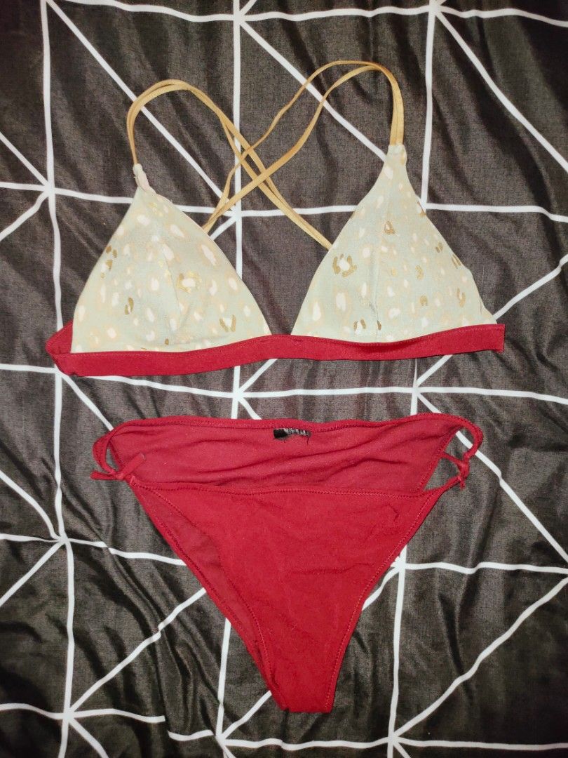 Red and Beige Bikini Set (Category: Bikinis & Swimsuits) located in Manila. Submitted by thatstyle (Listing ID 1430307740, Image 1). Description: Bikini set features a red triangle top and a beige bottom with a leopard print design. The bottom has a red trim and adjustable straps. The top also has adjustable straps..