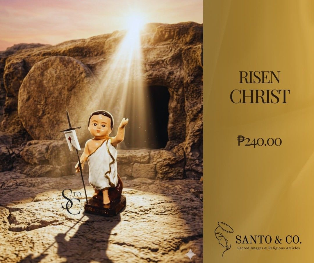 Risen Christ Chibi (Category: Religious Items) located in Caloocan City. Submitted by santo_coph (Listing ID 1430345071, Image 1). Description: HE IS RISEN! ☀️✨ The stone is rolled away, and the light has returned! Today, we celebrate the ultimate victory of life and hope. To mark this glorious Easter Sunday, Santo & Co. is honored to reveal our newest addition. Handcrafted with devotion, this joyful reminder of His grace is finally here. 🕊 Mate