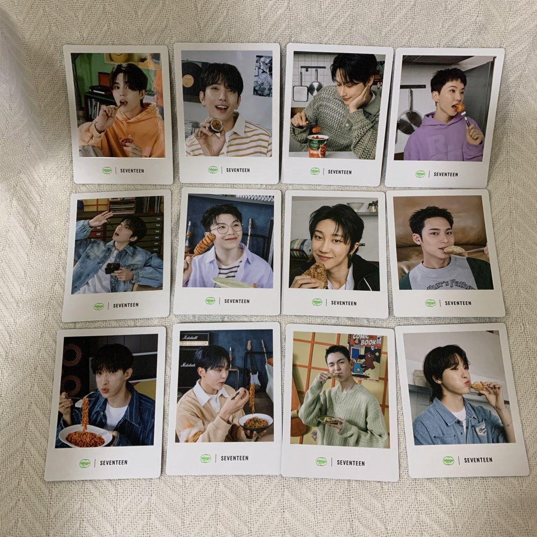 Seventeen bibigo photocards (Category: K-Wave Merchandise) located in Quezon City. Submitted by closet.decluttered (Listing ID 1430386593, Image 1). Description: Seventeen Bibigo photocards ₱200 for all 12 cards Decluttering ✨ MOP: BPI/BDO/Gcash Seventeen svt scoups cheol jeonghan hannie joshua shua jun hoshi wonwoo woozi the8 minghao mingyu dk dokyeom boo seungkwan vernon dino.