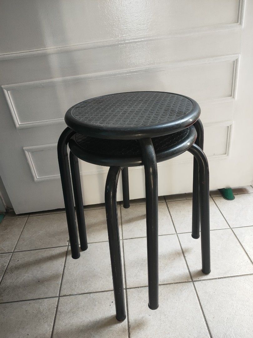 Stackable Black Stools (Category: Chairs) located in Singapore. Submitted by marbledfox89044 (Listing ID 1430362379, Image 1). Description: Metal, Sturdy Black stools. much sturdier than ikea's. $12 per pc, have 10 of such. .