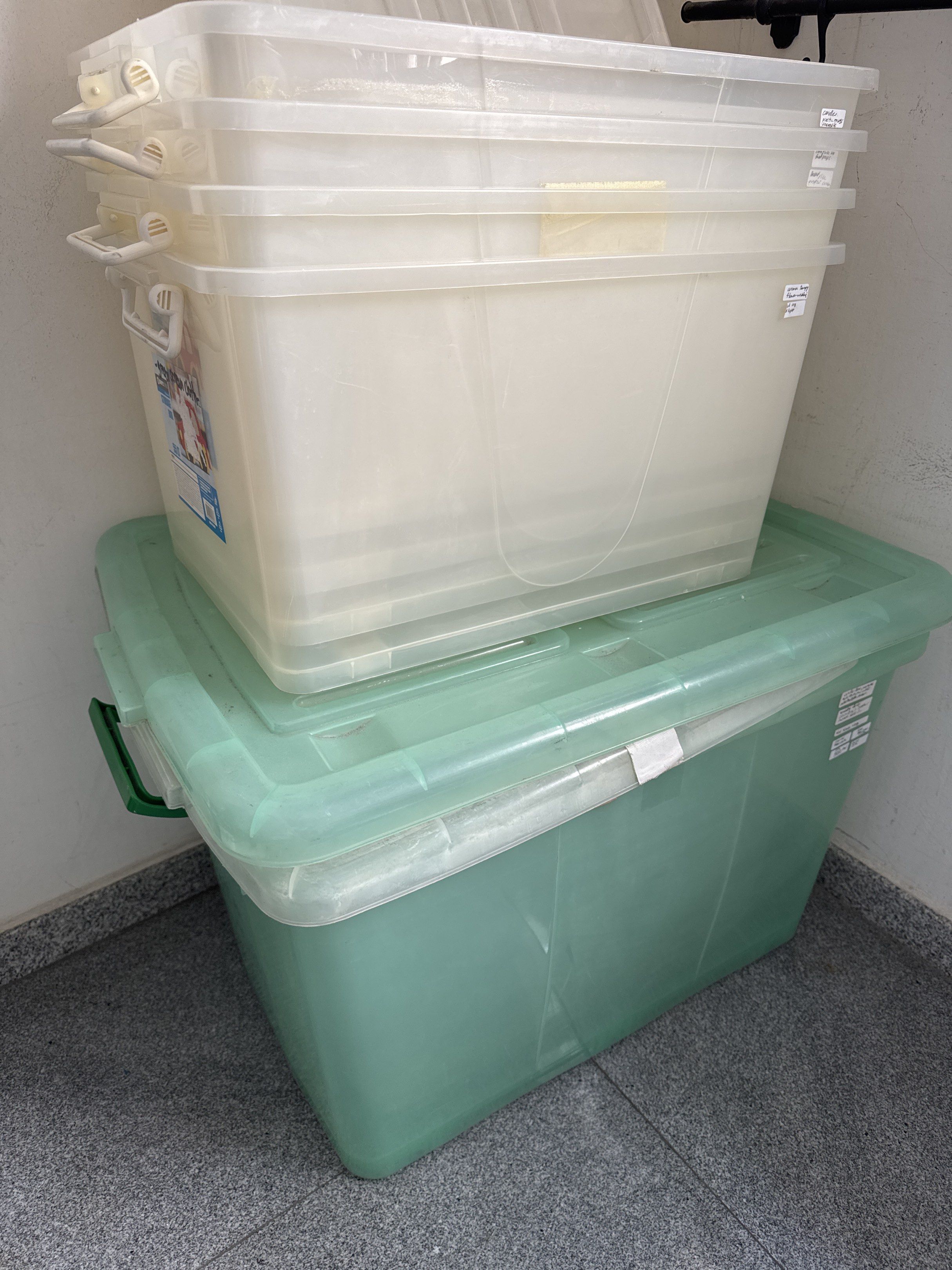 Stackable Plastic Storage Boxes with Lids (Category: Storage Boxes & Baskets) located in Singapore. Submitted by breakupgaragesale (Listing ID 1430234263, Image 1). Description: Two size L Translucent box with lids 55 LT-38x54x32 ht-5 nos- $5.50 each( SOLD) XL Translucent box with lids - 45x56x39Ht -1 nos -$6.50(SOLD) XXL Green box w lid- 48x63x47ht -1 nos- $10.50 (available!) NOT for Fussy .