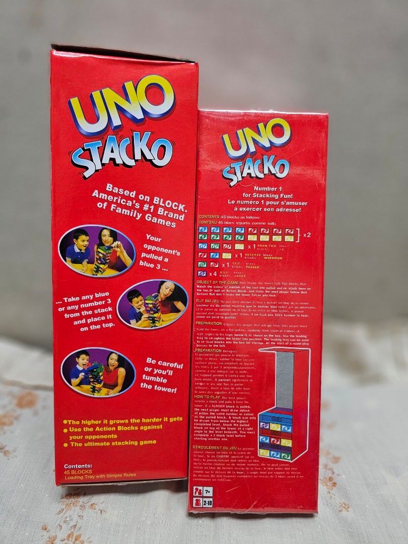 Uno Stacko Jenga Tower Block Game (10.5in) (Category: Board Games & Puzzles) located in Manila. Submitted by shopwithella.ph (Listing ID 1430304714, Image 3). Description: 💯 UNO STACKO JENGA TOWER BIG SIZE (10.5inches) BRAND NEW, SEALED, HIGH QUALITY 💯 🌟 Please see attached photos for your entertainment 🌟 🌟 Those photos are the actual photos inside. I photographed them on my own. Please do not use for your shop, thank you very much 🌟 🌟 Not