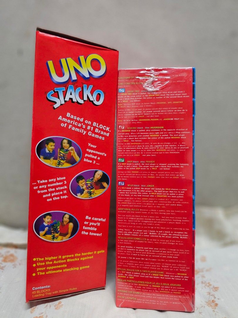 Uno Stacko Jenga Tower Block Game (10.5in) (Category: Board Games & Puzzles) located in Manila. Submitted by shopwithella.ph (Listing ID 1430304714, Image 2). Description: 💯 UNO STACKO JENGA TOWER BIG SIZE (10.5inches) BRAND NEW, SEALED, HIGH QUALITY 💯 🌟 Please see attached photos for your entertainment 🌟 🌟 Those photos are the actual photos inside. I photographed them on my own. Please do not use for your shop, thank you very much 🌟 🌟 Not
