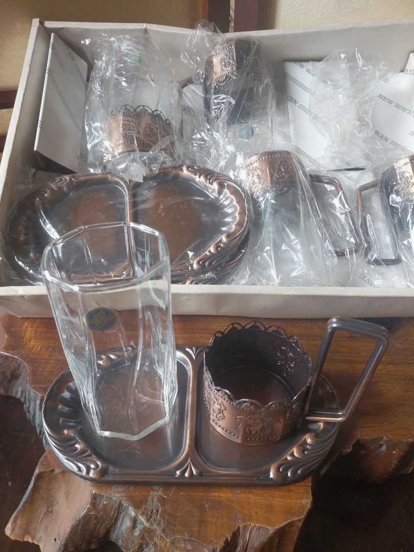 Vintage Hoya Copper Tea Set (Category: Coffee & Tea Tableware) located in Bulacan. Submitted by hnbfinds (Listing ID 1430265320, Image 3). Description: ✨ Mid-Century Magic: Vintage Japanese Copper & Glass Set 🇯🇵 Stepping back into the Showa era with this stunning 10-piece treasure. This "New Old Stock" set features 5 intricate copper-wrapped glass mugs and 5 matching dual-compartment trays, perfectly blending industrial metal with delicate glas