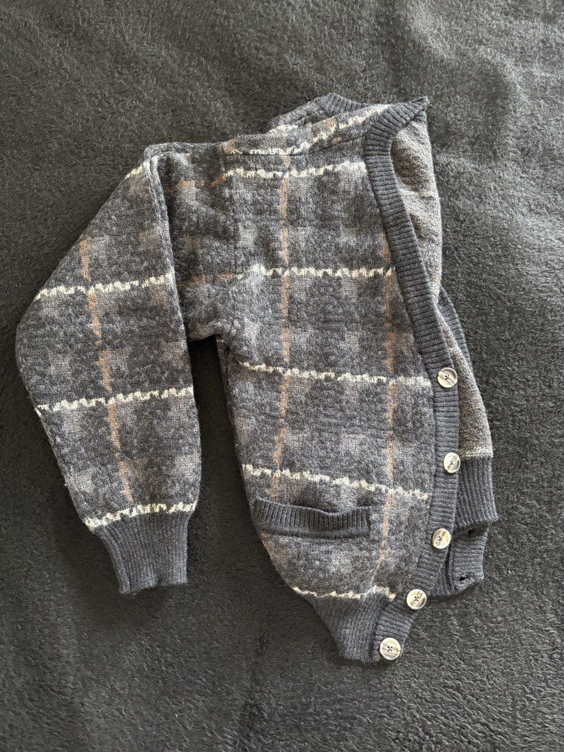 Vintage Plaid Cardigan (Category: Coats, Jackets and Outerwear) located in Quezon City. Submitted by donbuys (Listing ID 1430251795, Image 1). Description: Vintage cardigan features a classic plaid pattern in shades of gray, brown, and white. It has a V-neckline, button-down closure, and two front pockets. The sleeves have ribbed cuffs. Measurements are provided in the images..