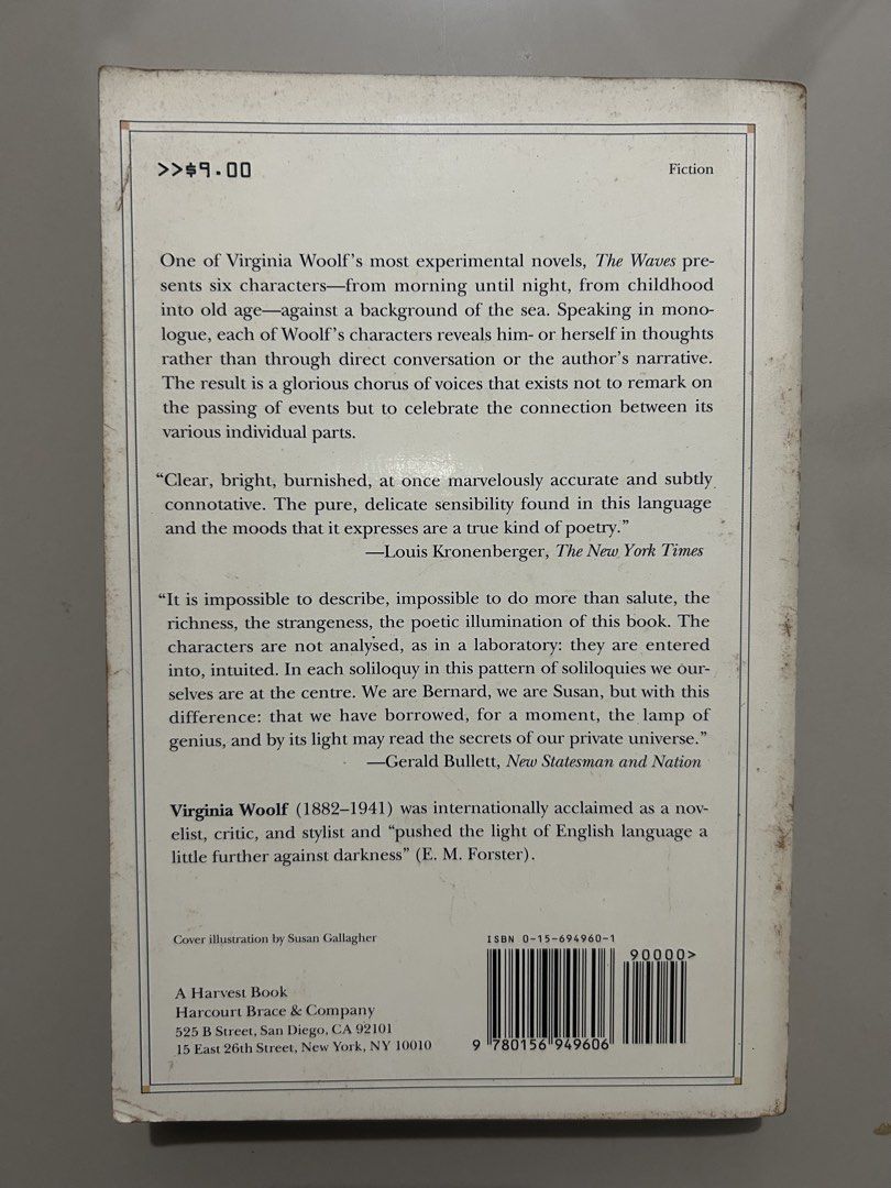 Virginia Woolf The Waves - Harvest Book (Category: Storybooks) located in Quezon City. Submitted by orangelemonadee (Listing ID 1430370025, Image 2). Description: Academic Favorite / Collectible Harvest Edition This is a Harvest Book (Harcourt Brace & Company) edition. Woolf’s most experimental novel is a staple for literature students, but finding this specific vintage Harvest printing with the Susan Gallagher cover illustration is becoming hard
