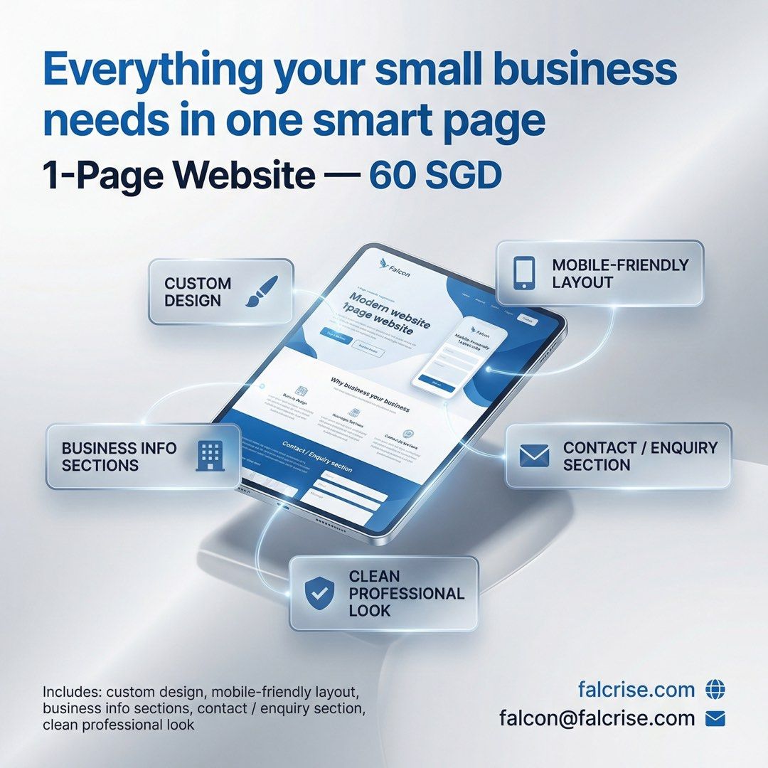 Website development (Category: Office & Business Technology) located in Singapore. Submitted by falcrise (Listing ID 1430369337, Image 3). Description: Need a simple, professional website for your business without spending too much? We create clean 1-page websites for small businesses, freelancers, tutors, home-based businesses, and local service providers. Perfect if you want to look more credible online and give customers one clear place to lea