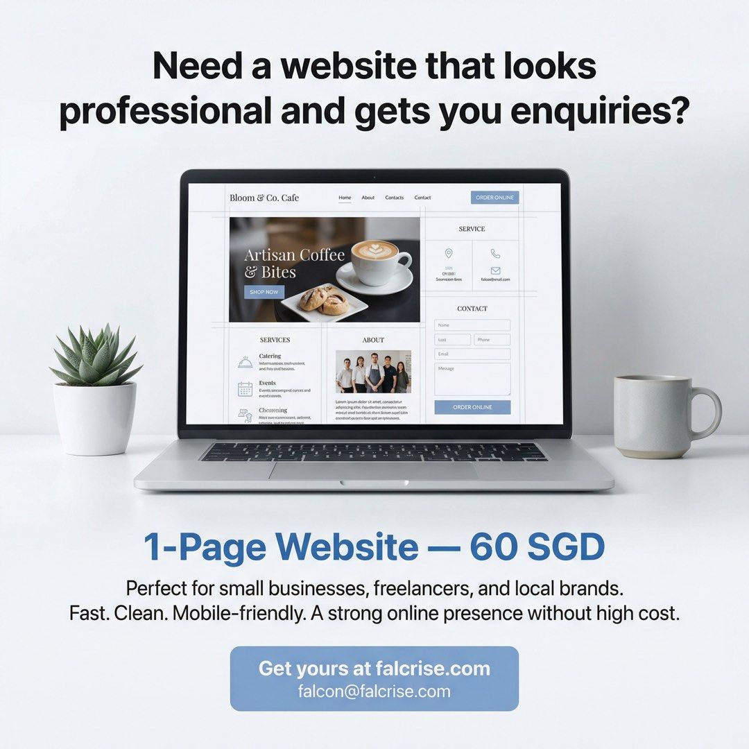 Website development (Category: Office & Business Technology) located in Singapore. Submitted by falcrise (Listing ID 1430369337, Image 2). Description: Need a simple, professional website for your business without spending too much? We create clean 1-page websites for small businesses, freelancers, tutors, home-based businesses, and local service providers. Perfect if you want to look more credible online and give customers one clear place to lea