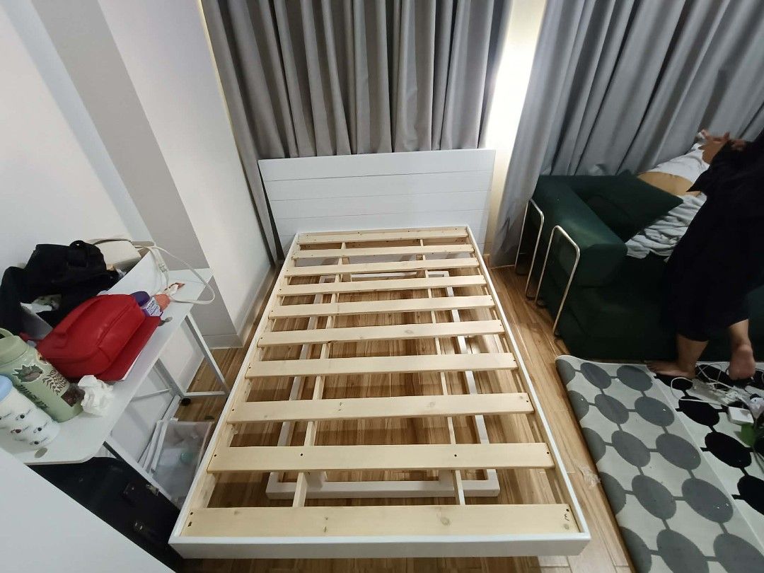 White FLOATING Bed Frame with Headboard (Category: Bed Frames & Mattresses) located in General Trias. Submitted by jameswoodlike (Listing ID 1430279340, Image 2). Description: AFFORDA - TIBAY BEDFRAMES AVAILABLE HERE! (AFFORDABLE AT MATIBAY) Made by your trusted seller and furniture shop: James WoodLike. 📍Located at Imus Cavite 🚚 We deliver and install in Luzon and nearby areas Made to order Made of Solid Wood We offer natural varnish finish, w