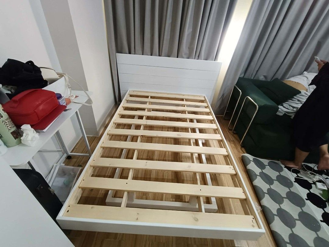 White FLOATING Bed Frame with Headboard (Category: Bed Frames & Mattresses) located in General Trias. Submitted by jameswoodlike (Listing ID 1430279340, Image 3). Description: AFFORDA - TIBAY BEDFRAMES AVAILABLE HERE! (AFFORDABLE AT MATIBAY) Made by your trusted seller and furniture shop: James WoodLike. 📍Located at Imus Cavite 🚚 We deliver and install in Luzon and nearby areas Made to order Made of Solid Wood We offer natural varnish finish, w