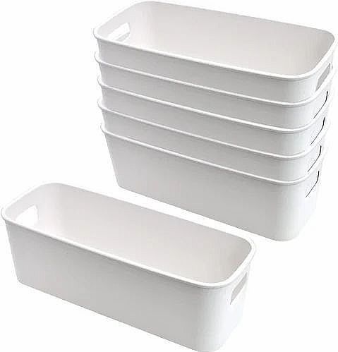 White Thick Plastic Storage Bins w/ Handles - sold each (Category: Storage Boxes & Baskets) located in Quezon City. Submitted by ana-chan (Listing ID 1430218146, Image 1). Description: Set of white plastic storage bins, perfect for organizing your kitchen, pantry, or any space. Features a handle design for easy carrying and a bottom pad design to prevent slippage. Made of durable PP material with a smooth texture. Ideal for storing food items, ut