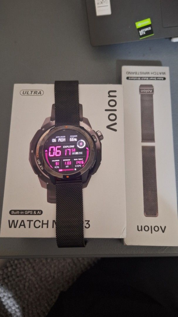 Aolon Navi R3 Ultra (Category: Wearables & Smart Watches) located in Angono. Submitted by closetbymica (Listing ID 1430521648, Image 1). Description: Slightly used RFS: Was gifted Garmin 👌 Bought for a total of 4,385 php Inclusions: - Watch and strap box - Charger connector - Black rubber strap - Orange rubber strap - Black Stainless Steel Strap Specs: - Built in GPS ( No need to bring cp) - With AI - Health data monitoring - 3ATM Water resistan