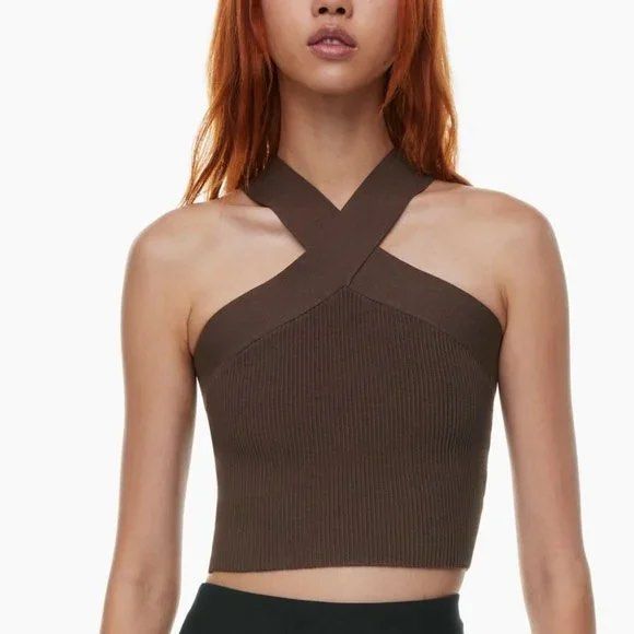 Aritzia Babaton ribbed knit cross halter top (Category: Sleeveless) located in Pasig City. Submitted by espressotonic14 (Listing ID 1430471262, Image 1). Description: BNWT Size M Color brown Bought in-store in NYC RFS: not being used .