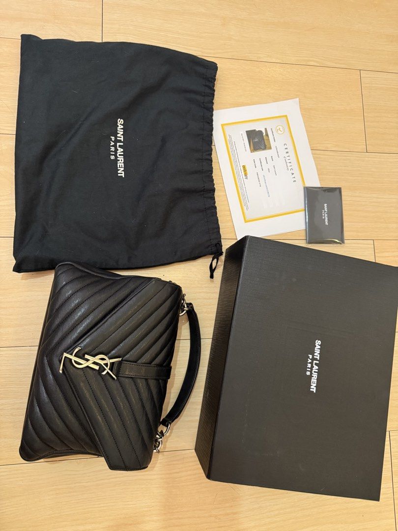 Authentic Saint Laurent College Medium Bag (Category: Luxury Bags & Wallets) located in Paranaque City. Submitted by declutterwithjoy (Listing ID 1430412809, Image 1). Description: Please no low baller. Posted issues at the back of the bag. Inclusion: Entrupy Cert, Box, Dust Bag For sure buyer, meetup at SM Bicutan or SM BF RFS: Will buy new bag Grab Express (No Lalamove) Location: Paranaque City.