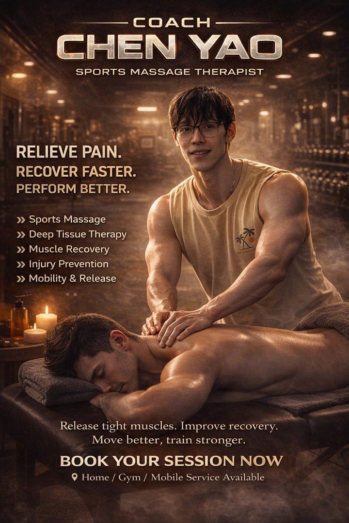 Certified Sports Massage Therapist/Male Therapist/Oil Massage/recovery massage/relax massage/deep tissue massage/muscle massage (Category: Beauty & Health Services) located in Singapore. Submitted by chuachenyao (Listing ID 1430462394, Image 1). Description: SPORT MASSAGE THERAPIST For male only 💡Deep Tissue & Sports Oil Massage 💡For gym-goers, athletes & busy professionals 💡For Office worker, Relief for neck, shoulder, and back pain caused by