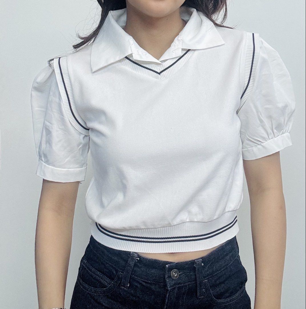 Corporate Cute White Collared Crop Top Two layered Vest (Category: Blouses) located in Muntinlupa City. Submitted by sialokin (Listing ID 1430489277, Image 1). Description: white preppy top, layered vest style top, collared shirt with knit vest, clean girl aesthetic, korean fashion outfit, preppy aesthetic outfit, school girl style, soft girl aesthetic, minimalist chic top, cropped top women, fitted vest top, short sleeve blouse, smart casual out