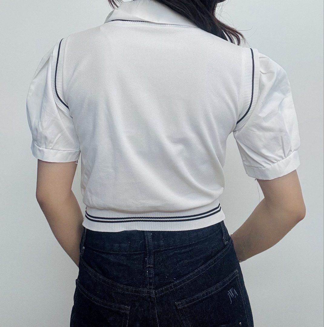 Corporate Cute White Collared Crop Top Two layered Vest (Category: Blouses) located in Muntinlupa City. Submitted by sialokin (Listing ID 1430489277, Image 2). Description: white preppy top, layered vest style top, collared shirt with knit vest, clean girl aesthetic, korean fashion outfit, preppy aesthetic outfit, school girl style, soft girl aesthetic, minimalist chic top, cropped top women, fitted vest top, short sleeve blouse, smart casual out