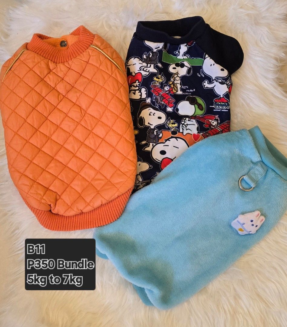 Dog Clothes Bundle 5kg to 7kg (Category: Homes & Other Pet Accessories) located in Taguig. Submitted by c_rivera (Listing ID 1430409210, Image 3). Description: Each bundle has price indicated in the photo. Every item has been washed already. Korean Pet Clothes, condition 9 out of 10. Buyer shoulders SF. If take all, P1k. Buyer shoulders shipping..