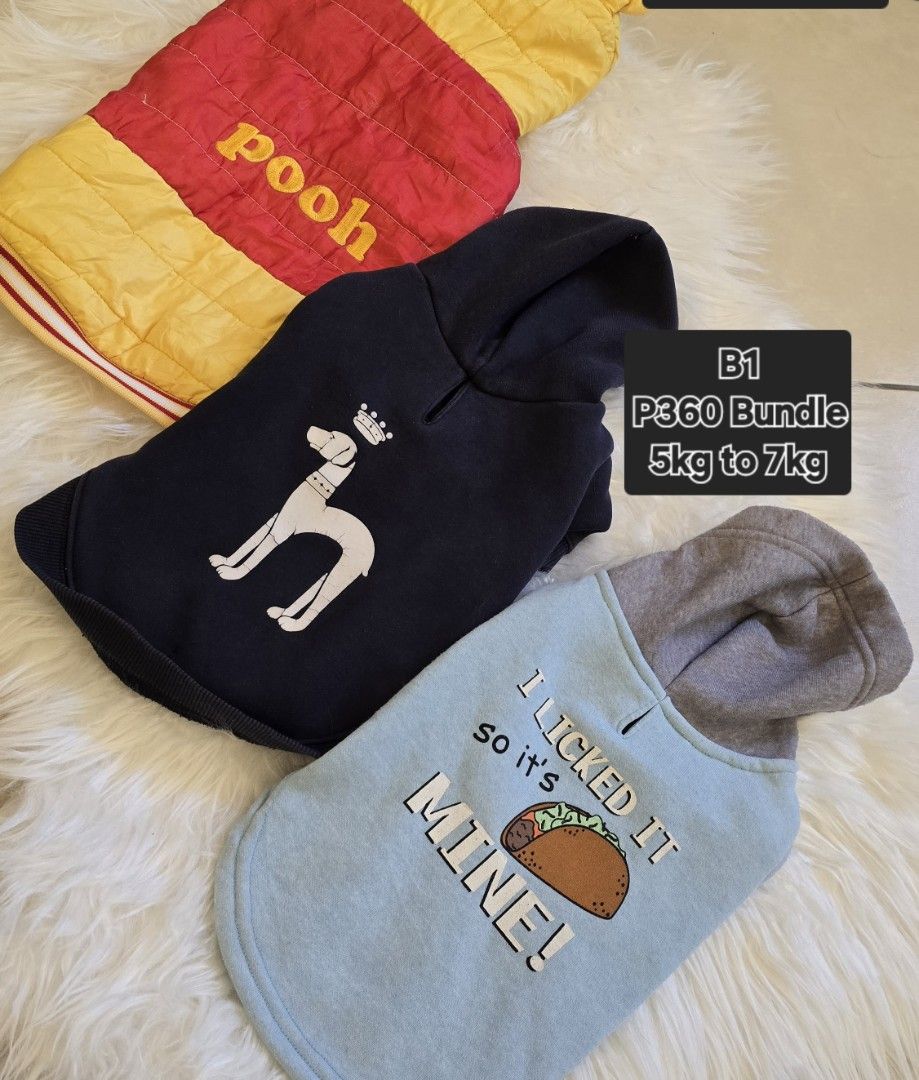Dog Clothes Bundle 5kg to 7kg (Category: Homes & Other Pet Accessories) located in Taguig. Submitted by c_rivera (Listing ID 1430409210, Image 1). Description: Each bundle has price indicated in the photo. Every item has been washed already. Korean Pet Clothes, condition 9 out of 10. Buyer shoulders SF. If take all, P1k. Buyer shoulders shipping..