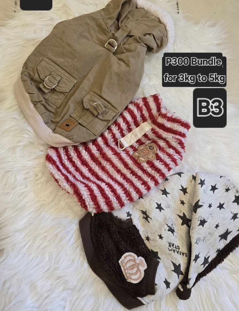 Dog Clothes Bundle for 3kg to 5kg (Category: Homes & Other Pet Accessories) located in Taguig. Submitted by c_rivera (Listing ID 1430410189, Image 1). Description: Each bundle has price indicated in the photo. Have discount if take all. Korean Pet Clothes, Condition 9 out of 10. Buyer shoulders shipping..