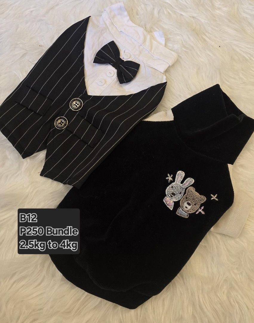 Dog Clothes Bundle for 3kg to 5kg (Category: Homes & Other Pet Accessories) located in Taguig. Submitted by c_rivera (Listing ID 1430410189, Image 3). Description: Each bundle has price indicated in the photo. Have discount if take all. Korean Pet Clothes, Condition 9 out of 10. Buyer shoulders shipping..