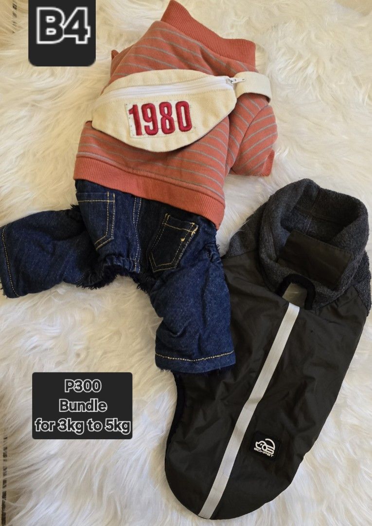 Dog Clothes Bundle for 3kg to 5kg (Category: Homes & Other Pet Accessories) located in Taguig. Submitted by c_rivera (Listing ID 1430410189, Image 2). Description: Each bundle has price indicated in the photo. Have discount if take all. Korean Pet Clothes, Condition 9 out of 10. Buyer shoulders shipping..
