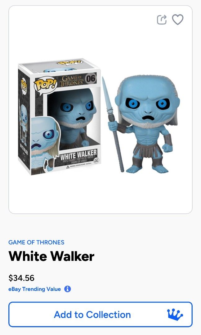 Funko Pop! Game of Thrones White Walker (Category: Designer & Blind Box Toys) located in Manila. Submitted by caragrrrl (Listing ID 1430456557, Image 2). Description: Selling boxed and unopened White Walker, valued at $34.56 as of Apr 6!.