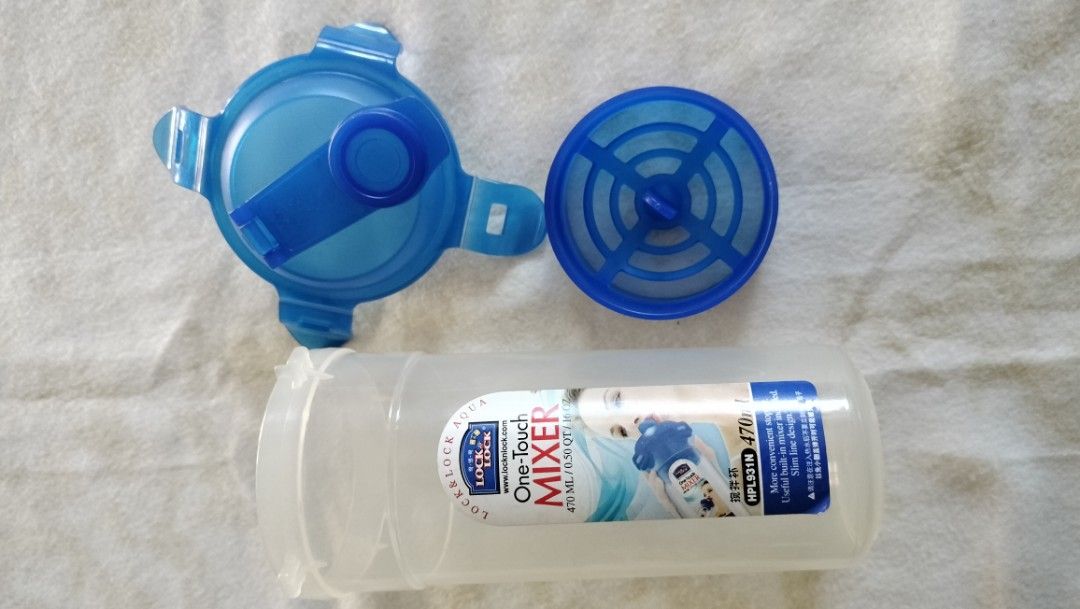Lock & Lock One-Touch Mixer Shaker 470ml - (Category: Water Bottles & Tumblers) located in Caloocan City. Submitted by beyondfundraising (Listing ID 1430528046, Image 2). Description: Kindly message for availability and inquiries to avoid conflict. Where is as is... Fundraising for Mission Works. four available Lock & Lock One-Touch Mixer with a 470ml capacity. Features a blue lid and a mixer component. Includes a slim design for easy carrying. T