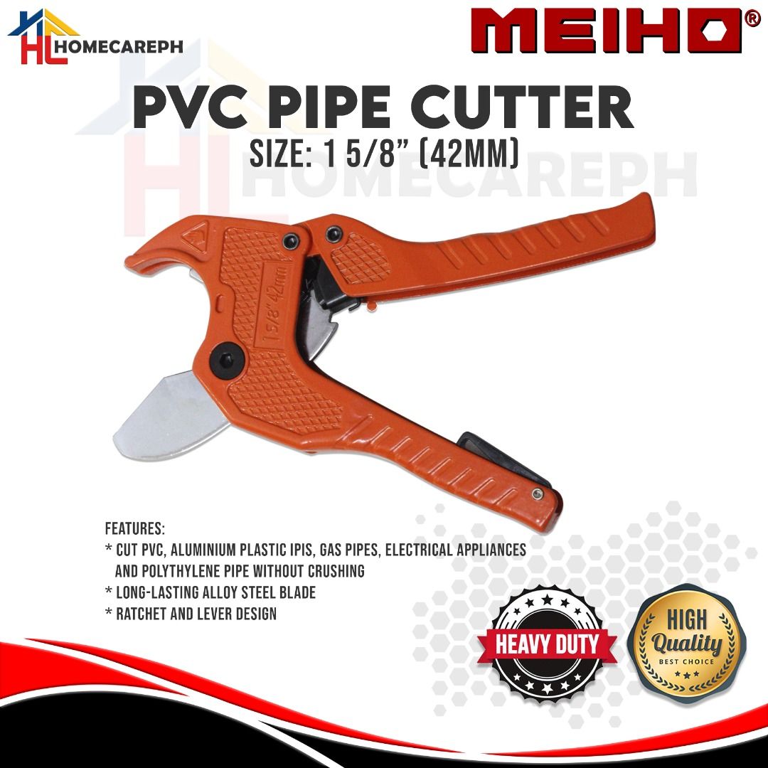 Meiho PVC Pipe Cutter (Category: Construction Tools & Equipment) located in Manila. Submitted by homecareph (Listing ID 1335972391, Image 1). Description: 04-06-2026 ✅For Sale !!! ✅Retail / Wholesale ✅MEIHO PVC PIPE CUTTER ✅Size: 1 5/8" (42mm) Features: • Cut PVC, aluminium plastic ipis, gas pipes, electrical appliances and polyethylene pipe without crushing • Long-lasting alloy steel blade • Ratchet and lever design ✅Quality Guaranteed ✅Heavy Du