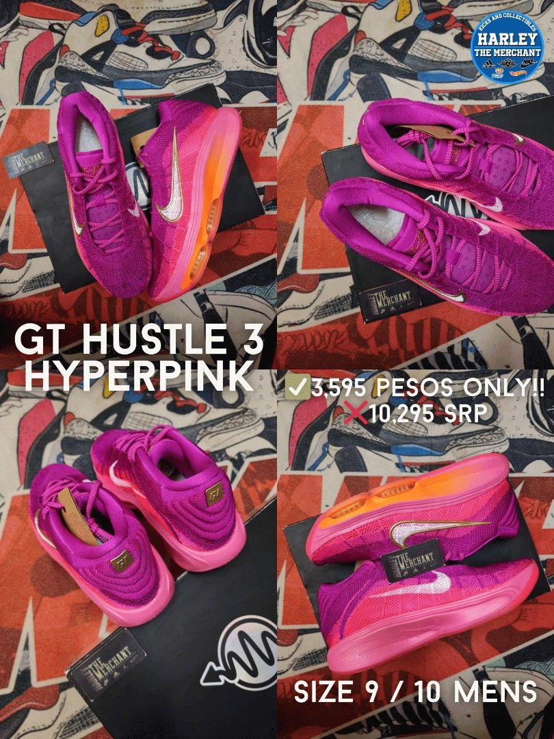 Nike GT Hustle 3 Hyperpink - Size 9/10 (Category: Sneakers) located in Marikina City. Submitted by tm_harley (Listing ID 1430422982, Image 1). Description: Get these vibrant Nike GT Hustle 3 sneakers in Hyperpink! Available in size 9 and 10 for men. The shoes are a striking pink color with a white Nike swoosh. The original price was 10,295 SRP, but now available for only 3,595 pesos. Perfect for adding a pop of color to your wardrobe..