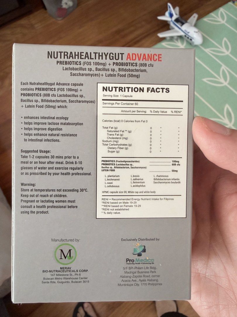 NutraHealthyGut Advance Probiotics (Category: Other Food & Drinks) located in Makati City. Submitted by ksl0588 (Listing ID 1430521581, Image 2). Description: NUTRAHEALTHYGUT ADVANCE PREBIOTICS + PROBIOTICS 60 CAPSULES PER BOX EXPIRY 02/17/27 RFS: Bought too much.