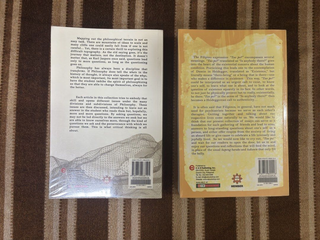 Philosophy Books for Sale (Category: Storybooks) located in Manila. Submitted by chaaquino (Listing ID 1430575955, Image 2). Description: Philosophy books for sale! Buy each book for ₱150. BUY ALL FOR ₱250! Each book has less than 20 pages of highlights and annotations. Message me for photos! - Tao Po? Readings in Philosophy of Person - Exploring the Philosophical Terrain Please take note 📝 - Location: Batasan Hills, Quezon City - Payment: GCash