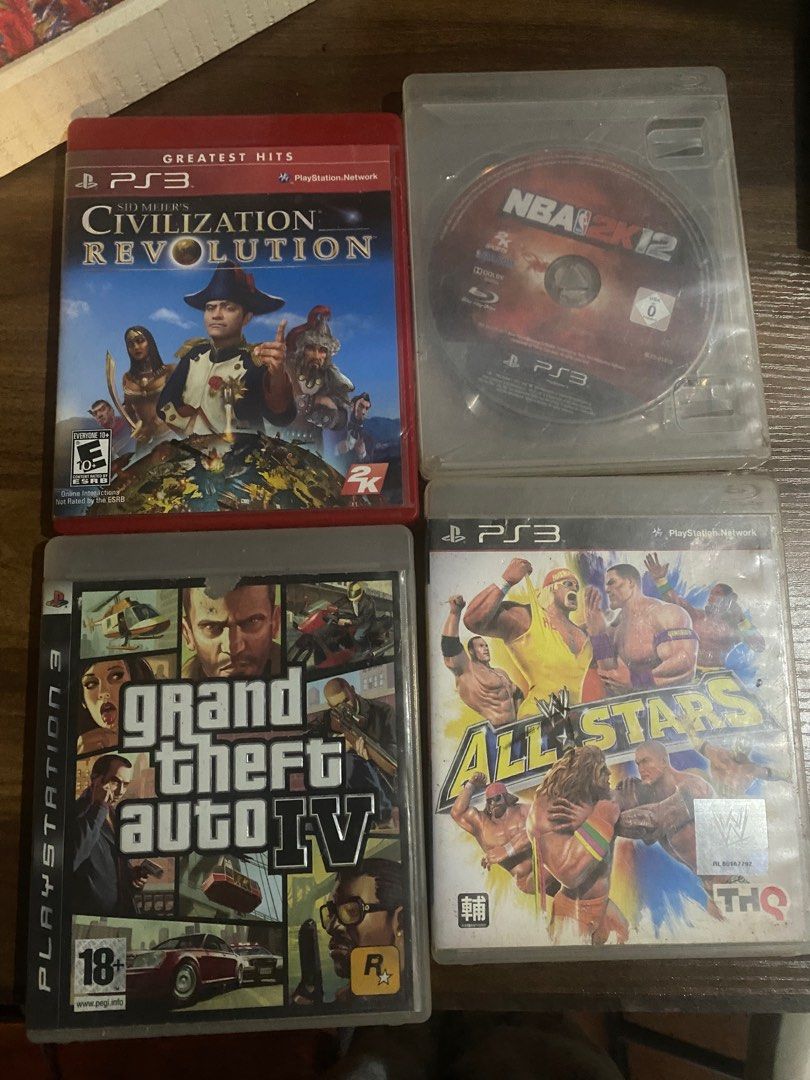 Playstation 3 games (Category: PlayStation) located in San Juan City. Submitted by iamjacob03 (Listing ID 1430495273, Image 1). Description: GTA IV - ₱300 Civilization Revolution - ₱550 WWE All stars - ₱350 Nba2k12 - ₱300 .