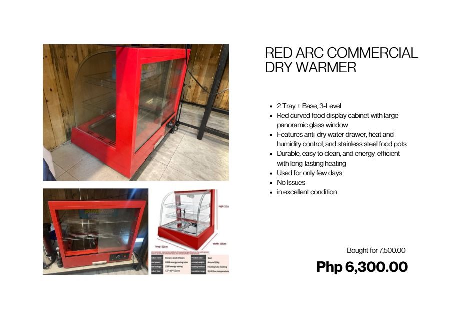RED ARC COMMERCIAL DRY WARMER (Category: BBQ, Grills & Hotpots) located in Quezon City. Submitted by jessica.g.abadilla (Listing ID 1430403671, Image 1). Description: Resto Pullout - RED ARC Commercial Dry Warmer - Red curved food display cabinet - Large panoramic glass window - 2 trays + 3 levels - Features anti-dry water drawer, heat and humidity control, and stainless steel food pots - Durable, easy to clean, and energy efficient - Used for on