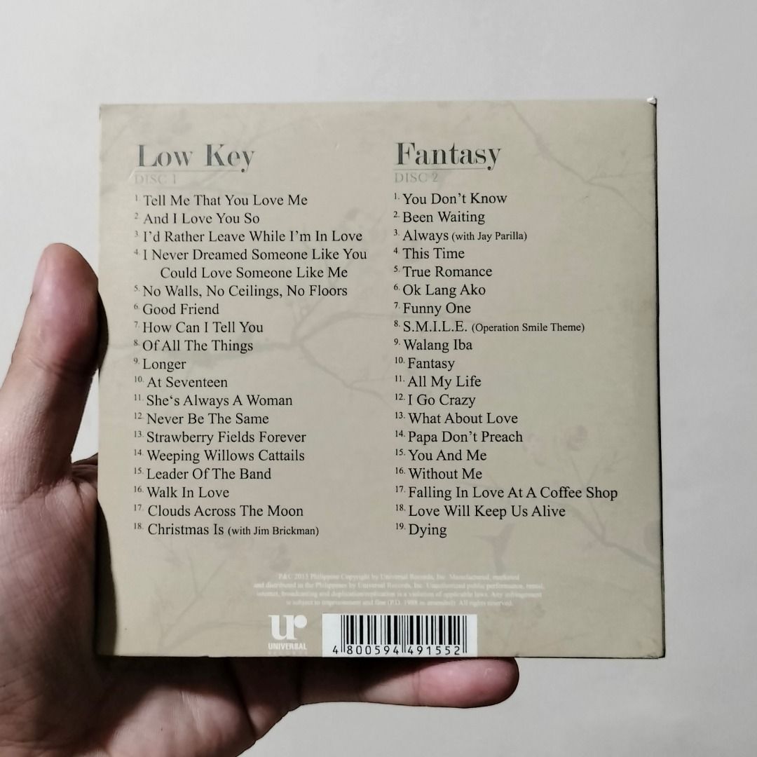 REGINE VELASQUEZ: Low Key & Fantasy Collection (Category: CDs & DVDs) located in Antipolo. Submitted by thriftsource (Listing ID 1430500478, Image 2). Description: REGINE VELASQUEZ: Low Key & Fantasy Collection 2013, 2-Disc Album Universal Records Selling Price: Php399+sf Condition: Good Condition Location: Antipolo City, Rizal For inquiries, feel free to message me po. Thanks po : ))).