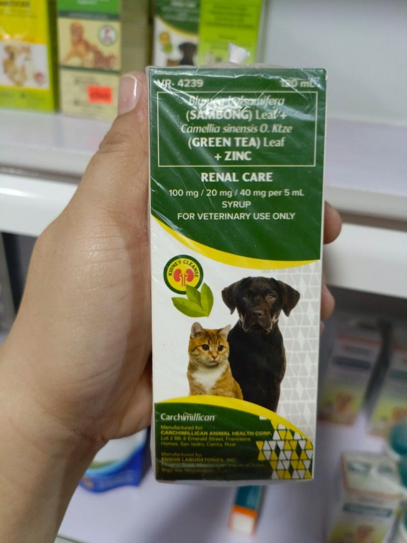 Renal Care Syrup for Veterinary Use (Category: Health & Grooming) located in Manila. Submitted by thecarelesswhiskers0228 (Listing ID 1430417942, Image 1). Description: Renal Care Syrup for pets. Contains Bliea Nobilisfera (Sambong) Leaf, Camellia sinensis O. Ktze (Green Tea) Leaf, and Zinc. Each 5 ml contains 100 mg, 20 mg, and 40 mg respectively. For veterinary use only. Manufactured by Carchimullican..
