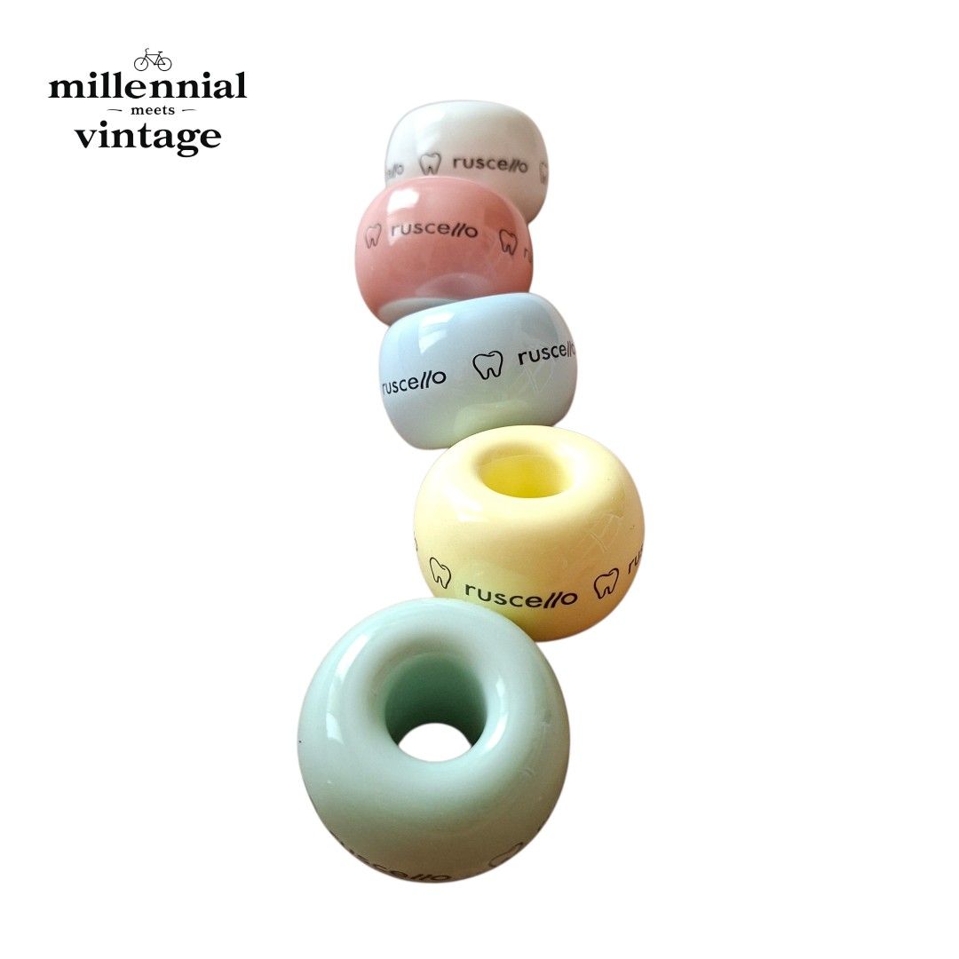 Ruscello Ceramic Toothbrush Holder Set (Category: Oral Care) located in Dasmarinas. Submitted by millennialmeetsvintage (Listing ID 1430495477, Image 2). Description: Set of five Ruscello toothbrush holders in various pastel colors. 4cm diameter last price posted 🌍ships from DASMA, CAVITE 🚚 shipping via Lalamove only ❌no reservations, first-to-pay basis ❌no physical store, no walk-ins ❌no COD transactions .