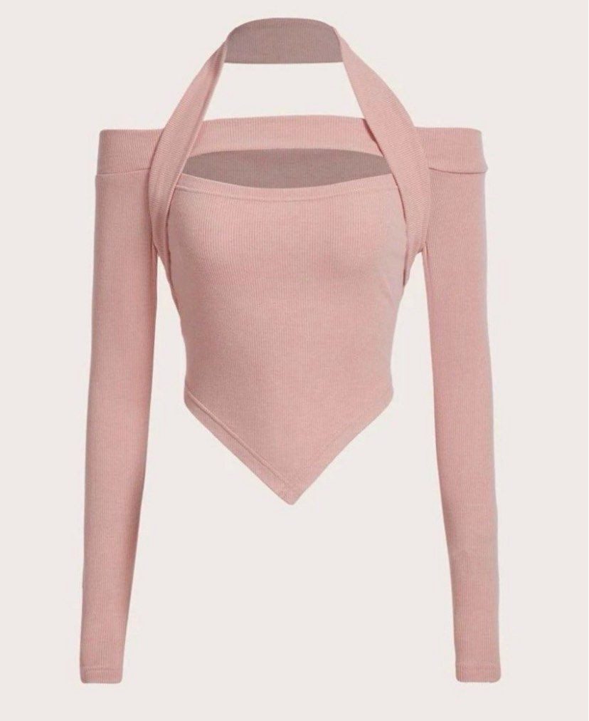 Shein Pink Halter Neck Long Sleeve Top (Category: Blouses) located in Cebu City. Submitted by fevercollector (Listing ID 1430423617, Image 1). Description: Top features a unique halter neck design with long sleeves. It has an off-shoulder style and a square neckline. The bottom hem has a pointed shape..