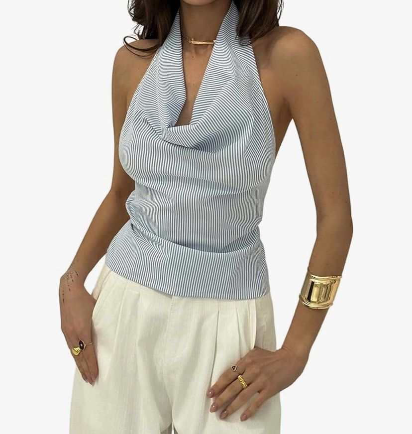 Shein striped blue Halter Top vacation (Category: Sleeveless) located in Cebu City. Submitted by fevercollector (Listing ID 1430423510, Image 1). Description: - Shein striped blue halter top - Size XS - Stylish halter neck design - Open back - Ideal for vacation or everyday wear.