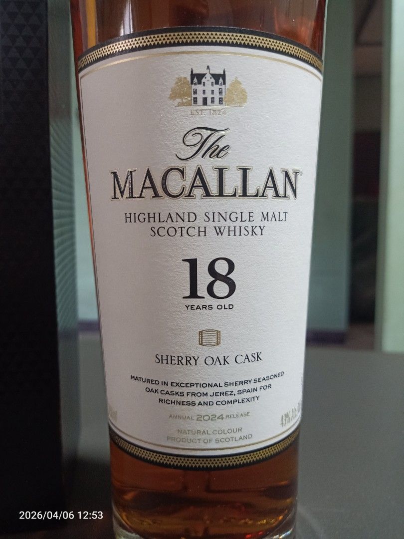 The Macallan 18 Years Old Sherry Oak Cask (Category: Beverages) located in Las Pinas. Submitted by OmengSoyT (Listing ID 1430449860, Image 3). Description: Macallan 18 Years Old Highland Single Malt Scotch Whisky. This is the 2024 release. It is matured in exceptional sherry seasoned oak casks from Jerez, Spain. The tasting notes include ginger, dark chocolate, and dates. The bottle is sealed and comes with its original box..intact Macallan QR co