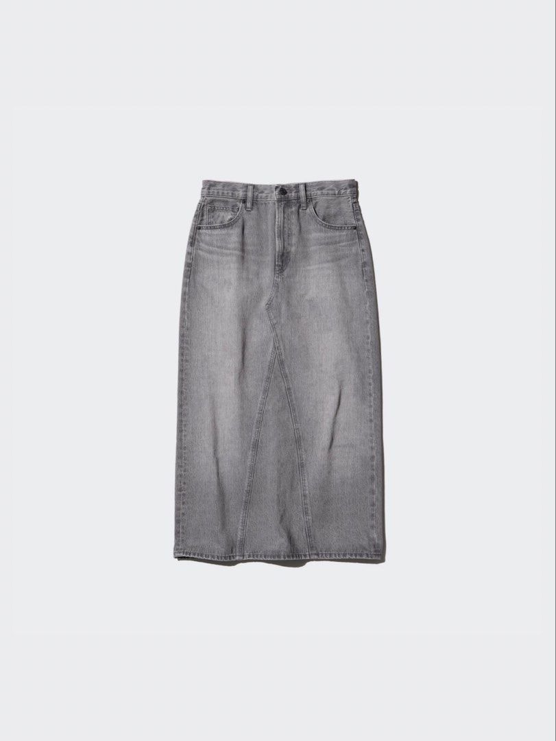Uniqlo Gray Denim Panel Long Skirt (Category: Skirts) located in Taguig. Submitted by LaraGotStyle (Listing ID 1430551667, Image 2). Description: size 61cm on tag size 26 inches actual waist size used once.